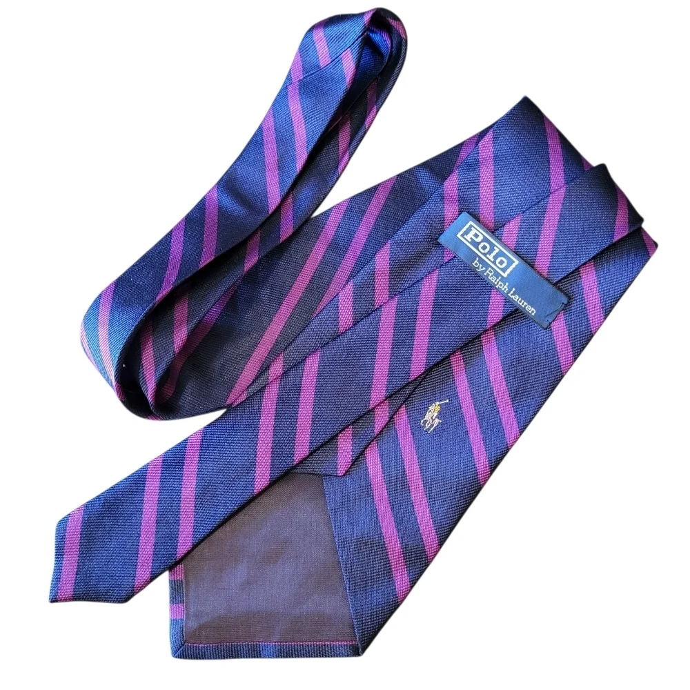 Polo Ralph Lauren 100% Silk Tie Navy Purple Stripes Preppy Designer Business